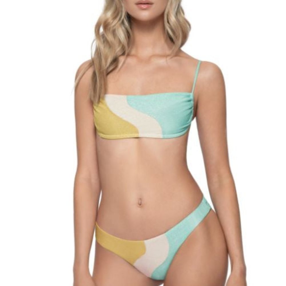 Pilyq Colorblock Bandeau Bikini Bottom in Mint, Yellow, and Cream